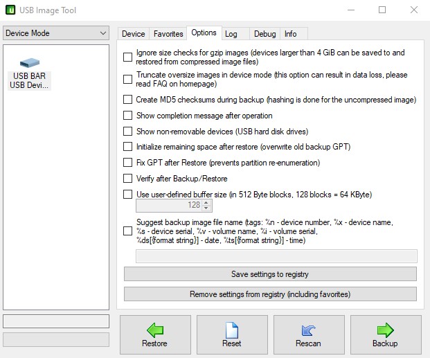 USB Image Tool Optiesscherm.